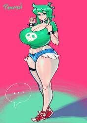 big_breasts choker cute dedalo dialogue green_hair middle_finger original original_character punkgal_(dedalo) thick_thighs