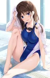 big_breasts blue_eyes blush boku_no_kanojo_sensei brown_hair competition_swimsuit fujiki_maka googles oryou swimsuit towel