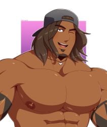 abs big_chest big_nipples big_pecs black_man brown_skin dark-skinned_male dark_skin edd_layerex happy huge_breasts huge_chest huge_pecs long_hair male male_only melanin muscles muscular muscular_male nipples pecs smooth_chest smooth_skin tattoos winking_at_viewer