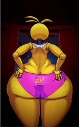 1girls animatronic ass ass_cleavage ass_focus big_ass butt_crack chicken clothing female five_nights_at_freddy's five_nights_at_freddy's_2 furry hyper_thighs massive_thighs parumpi rear_view robot solo thick_thighs thunder_thighs toy_chica_(fnaf) wide_hips yellow_body