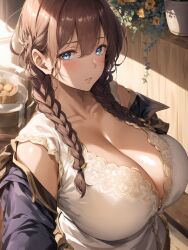 1girls ai_generated bangs bare_shoulders blue_eyes blush braid breasts brown_hair cleavage collarbone dress flower huge_breasts long_hair looking_at_viewer myrr parted_lips plant self_upload solo stable_diffusion twin_braids voluptuous voluptuous_female white_dress