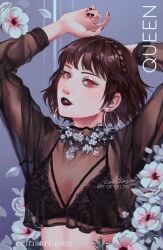 arms_up black_bra black_lipstick black_nail_polish black_nails bra brown_hair celtisart earrings flower flowers hairband lingerie lipstick makoto_niijima nail_polish persona persona_5 petals red_eyes seductive see-through see-through_clothing short_hair slight_blush slight_smile