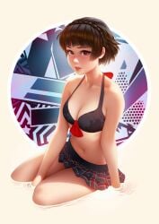 1girls big_breasts bra brown_hair brunette cleavage female female_only hairband jonathan_hamilton kneeling light-skinned_female liquid looking_at_viewer makoto_niijima pale-skinned_female partially_clothed persona persona_5 plaid plaid_skirt red_eyes short_hair shy sitting_in_water skirt solo solo_female swimsuit teenager tsuaii water