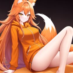 ai_generated bare_thighs flirty fox_girl fox_tail littlespurs lustful_gaze orange_hair orange_hoodie skylar_(littlespurs)