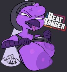 2d anger_vein angry anthro avian avian_humanoid background_character beak beanie beat_banger breasts chubby_cheeks disgusted disgusted_look feathers female funny_background_character looking_at_viewer masked_katz nipples penis purple_body purple_feathers shaming_viewer sharp_tooth solo solo_female solo_focus spotlight thumbs_down tongue tongue_out zoe_monroe