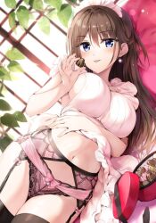 apron big_breasts blue_eyes boku_no_kanojo_sensei brown_hair chocolate cleavage fujiki_maka garter_belt garter_straps lingerie maid_headdress naked_apron oryou panties