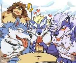 4boys anthro balls belly blonde_hair blue_body blue_fur blush canid canine canis collaborative collaborative_fellatio collaborative_sex collar erection felid fellatio fenrir_(tokyo_afterschool_summoners) fur gay genitals grey_body grey_fur group hair handjob hi_res hollowpup licking lifewonders lion male male/male male_only mammal muscular muscular_anthro muscular_male navel nipples oral overweight pantherine pecs penile penis penis_lick ross_(rossciaco) sex spiked_collar spikes tokyo_afterschool_summoners tongue tongue_out vein veiny_penis wolf yaoi