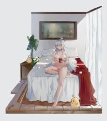 1girls areolae artist_request azur_lane bedroom breasts drake_(azur_lane) golden_eyes holding_mug legs long_hair long_legs looking_at_viewer manjuu_(azur_lane) medium_breasts mug navel nipples nude nude_female pale-skinned_female pale_skin ponytail pussy silver_hair sitting sitting_on_bed smile solo solo_female solo_focus