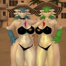 2girls 3d 3d_(artwork) alternate_version_available arm_around_another beach big_breasts big_thighs bikini black_bikini blue_hair breasts cleavage coat curvy duo female female_only gardevoir green_hair half-closed_eyes hand_on_hip hat long_hair looking_at_viewer mature mature_female nintendo open_coat pokemon pokemon_(species) red_eyes rolled_up_sleeves shiny_gardevoir shiny_pokemon thick thick_hips thick_thighs thighs white_coat white_skin wide_hips