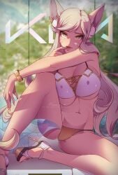 1girls ahri big_ass big_breasts blonde_hair female female_only heels himmely k/da_ahri k/da_series league_of_legends looking_at_viewer sitting thick_thighs