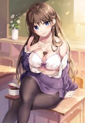 between_breasts big_breasts blue_eyes blush boku_no_kanojo_sensei bra brown_hair chocolate classroom fujiki_maka lingerie oryou pantyhose teacher thighband_pantyhose