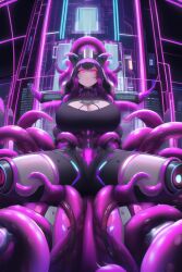 1girls ai_generated big_breasts detached_limbs female female_only futuristic hypnosis hypnotic_visor low_quality mind_control purple_tentacles robot robot_girl slutty_outfit tentacle