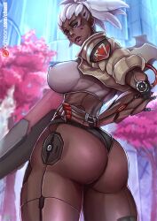 1girls 2d blizzard_entertainment blue_eyes dark-skinned_female dark_skin female_only kachima mature_female overwatch overwatch_2 prosthetic sojourn_(overwatch) white_hair