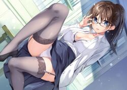 big_breasts blue_eyes blush boku_no_kanojo_sensei bra brown_hair fujiki_maka garter_straps glasses labcoat oryou panties stockings teacher