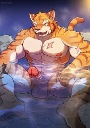 1boy 2021 abs anthro arm_scar balls biped blush blush_lines chest_scar detailed_background digital_drawing_(artwork) digital_media_(artwork) erection eyebrows felid fur genitals grantly hi_res hot_spring humanoid_genitalia humanoid_penis iriai_inasa knights_college male male_only mammal muscular muscular_anthro muscular_male nude onsen open_mouth orange_body orange_eyes orange_fur pantherine pecs penis scar sitting_in_water solo steam striped_body striped_fur stripes thick_eyebrows tiger water white_body white_fur