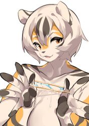 1girls absurd_res amber_eyes anthro arknights aspirindabaitu big_breasts breasts female furry hi_res looking_at_viewer mx99926 simple_background smile solo solo_female tiger tiger_girl waai_fu_(arknights) white_background