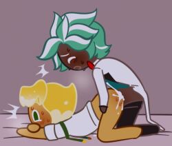 anal_sex anal_sex artist_request clothed_sex cookie_run laying_on_stomach looking_pleasured mint_choco_cookie on_bed sparkling_cookie tagme