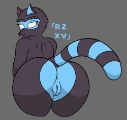 anthro ass blue_body blue_fur blue_pussy female fur genitals mammal presenting presenting_hindquarters presenting_pussy procyonid pussy raccoon rackz rear_view remmie_(rackz) solo tongue tongue_out white_eyes