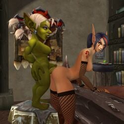 1futa 1girls 3d anal_hotdogging assjob bent_over black_hair blizzard_entertainment blood_elf buttjob dew_(shikron) futanari goblin goblin_(warcraft) goblin_futanari green_eyes green_skin horde_(warcraft) horde_female horde_symbol horde_tattoo hotdogging hotdogging_ass large_ass nipple_piercing nipple_rings original_character shikron stockings tattoo warcraft world_of_warcraft