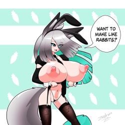 1:1 animal_humanoid areola big_breasts black_sclera breasts canid canid_humanoid canine canine_humanoid clothing dialogue english_text fake_ears fake_rabbit_ears female fox_humanoid fuyumi_(zedrin) genitals green_eyes grey_hair hair hi_res holding_breast huge_breasts humanoid hyper hyper_breasts mammal mammal_humanoid navel necktie nipples open_mouth pussy pussy_cleavage signature smile solo speech_bubble standing tail text zedrin