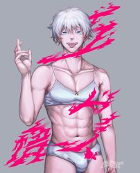 absurdres blue_eyes hand_up highres jujutsu_kaisen male_focus nyungsep open_mouth satoru_gojo short_hair smile solo solo_male tongue tongue_out upper_body white_hair