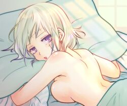 blonde_hair breast_press breast_squish earrings facial_scar female female_only gintama hair_down hi_res in_bed looking_at_viewer looking_back on_bed on_stomach paleatus pillow_grab purple_eyes sideboob solo tsukuyo upper_body