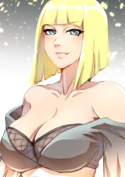 1girls bare_chest bare_shoulders barely_clothed big_breasts blonde_hair blue_eyes blunt_bangs blush bob_cut breasts busty cherryinthesun cleavage collarbone crop_top female female_only fully_clothed huge_breasts large_breasts long_hair looking_at_viewer mature mature_female mostly_nude naruto naruto_(series) naruto_shippuden samui smile solo solo_focus top_heavy topwear upper_body
