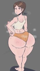 1futa absurdres ass back back_view bethesda_softworks bottom_heavy breasts clothed clothing curie curie_(fallout_4) erection fallout fallout_4 foreskin futa_only futanari highres huge_ass huge_cock human light-skinned_futanari light_skin looking_back mob_face mostly_clothed no_sclera ohitskampan penis short_hair short_shorts shorts solo standing thick_thighs uncut wide_hips