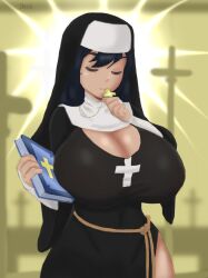 beauty_mark bible big_breasts big_cleavage black_clover black_hair blue_eyes cleavage closed_eyes cross light-skinned_female light_skin mature mature_female mikleodeus mole mole_under_eye nun nun's_habit nun_outfit sister_lily straight_hair tight_clothes tight_clothing tight_fit