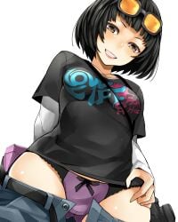 1girls atlus breasts camera clothed clothing eyewear_on_head female female_only jeans jeans_down looking_down mature mature_female nemu_(nebusokugimi) ohya_ichiko panties pants pants_down persona persona_5 sega shirt short_hair smile smiling solo solo_female solo_focus standing sunglasses sunglasses_on_head teeth thighs underwear white_background