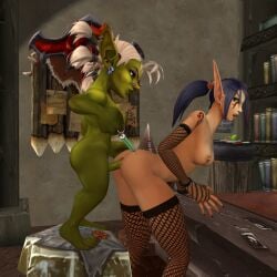 1futa 1girls 3d anal anal_sex bent_over black_hair blizzard_entertainment blood_elf dew_(shikron) drugs futanari goblin goblin_(warcraft) goblin_futanari green_eyes green_skin horde_(warcraft) horde_symbol horde_tattoo large_ass nipple_piercing nipple_rings original_character sex shikron stockings tattoo warcraft world_of_warcraft