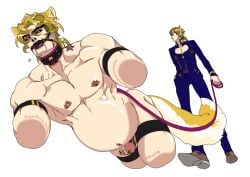 2boys amputated_leg amputated_legs amputation amputee animal_collar animal_ears belly blonde_hair clothed/nude collar dio_brando earring father_and_son gay giorno_giovanna guro huang_lia huge_belly incest jojo's_bizarre_adventure long_hair nipple_piercing nipples penis stardust_crusaders tail vento_aureo yaoi yellow_eyes