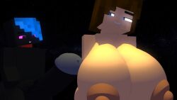 1boy 1boy1girl 1girls 3d 3d_(artwork) blue_eyes blue_hair brown_hair cubanapple enderman female hyper_breasts hyper_penis julia_(cubanapple) male mine-imator minecraft nude nude_female nude_male penis