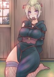 arms_behind_back big_breasts blonde_hair blush bondage bondage chocolate facial_scar female female_only fishnet_thighhighs fishnets full_body fully_clothed gintama hair_ornament indoors kimono kneeling kunai kunoichi looking_at_viewer obi paleatus purple_eyes rope rope_bondage side_slit solo tatami thighhighs tied_hair tsukuyo valentine's_day wide_hips