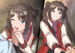 1boy after_ejaculation bangs black_hair blue_eyes bukkake cum double_bun erere facial fellatio female hair_bun holding_another's_wrist idolmaster idolmaster_shiny_colors jacket long_hair long_sleeves mitsumine_yuika multiple_views oral outdoors parted_bangs penis ponytail red_jacket shirt sidelocks small_penis smile striped striped_shirt turtleneck twintails white_jacket