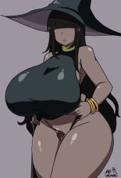 1girls big_breasts black_hair bottomless bracelet dark-skinned_female dark_skin female_only huge_breasts long_hair plump pubic_hair suna_ponz thick thick_thighs wide_hips witch_hat