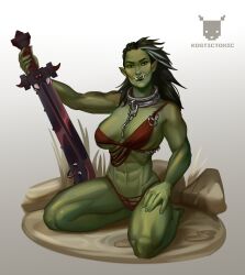 1girls abs absurd_res bikini black_hair chains collar fangs fantasy female green_body green_skin hair hi_res humanoid kostic_toxic melee_weapon muscular muscular_female orc orc_female original original_character pointy_ears posing_for_picture red_eyes simple_background smile smiling_at_viewer solo sword swordswoman teeth tusks weapon white_background