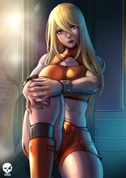 abs alternate_hairstyle athletic_female blonde_hair blue_eyes female metroid metroid_zero_mission muscular_female nintendo samus_aran xuuikie xuuikie_ashe