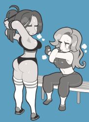 2girls after_exercise after_workout ass butt chibi gashi-gashi looking_at_viewer looking_back mob_face monochrome sweat uejini