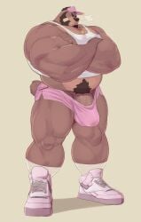 2022 5_fingers anthro bandage barazoku bear big_bulge big_muscles big_penis body_hair bottomwear brown_body brown_fur brown_hair bulge clothing coach crossed_arms eyebrows fingers footwear fur genitals hair happy_trail hat headgear headwear hi_res huge_muscles humanoid_hands male male_only mammal muscular muscular_anthro muscular_male penis penis_base plantigrade shirt shoes shorts simple_background sneakers socks solo standing tank_top thedragonred12 thick_eyebrows thick_penis topwear vein veiny_penis visor_cap whistle