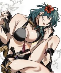 1girls alternate_costume bangs bare_shoulders bikini black_bikini black_footwear black_swimsuit breasts byleth_(fire_emblem) byleth_(fire_emblem)_(female) byleth_(summer)_(fire_emblem)_(female) cleavage feet_out_of_frame female female_only fire_emblem fire_emblem:_three_houses fire_emblem_heroes flower gold_necklace green_eyes green_hair hair_flower hair_ornament hibiscus highres jewelry large_breasts looking_at_viewer medium_hair messy_hair midriff mikuroron necklace nintendo official_alternate_costume parted_lips red_flower sandals sitting solo swimsuit tassel white_background