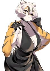 1girls amber_eyes anthro arknights aspirindabaitu big_breasts black_dress breasts dress female furry looking_at_viewer mx99926 simple_background smile solo solo_female tiger tiger_girl waai_fu_(arknights) white_background