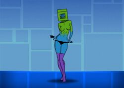 background cube_1_(geometry_dash) cube_head fade_in fade_out geometry_dash humanized panties sharp_fingernails skinny stockings teasing topless