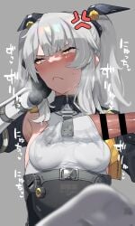 :< anger_vein bangs bar_censor black_gloves blush breasts censored clothesjob collagen erection female gloves grey_background grey_hair hair_ornament highres karenina_(punishing:_gray_raven) looking_away penis penis_under_another's_clothes punishing:_gray_raven sideboob_paizuri simple_background small_breasts socks sweat twintails white_socks yellow_eyes