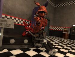 2023 3d animal_humanoid animatronic canid canine checkered_floor digital_media_(artwork) duo five_nights_at_freddy's five_nights_at_freddy's_4 fox foxy_(fnaf) gay genitals humanoid leg_hug leg_wrap legs_around_partner legs_up machine male male/male mammal nightmare_foxy penis pirate pizzeria red_body robot scottgames sex stage video_games yellow_eyes