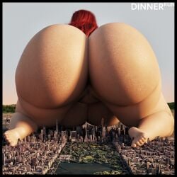 1girls 2023 3d all_fours ass big_ass big_breasts breasts city dat_ass dinner-kun female giantess gigantic_ass huge_ass huge_breasts red_hair scarlet_(dinner-kun) watermark