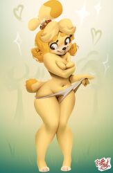 animal_crossing anthro blush breasts canid canine canis clothing clothing_pull coffeekat covering_breasts female fur furry furry_only isabelle_(animal_crossing) nintendo nude panties panty_pull solo tail