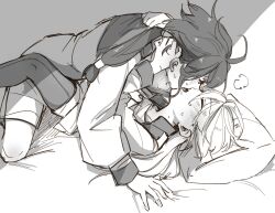 2girls asticassia_school_uniform bangs blush canon_couple closed_eyes ear_blush french_kiss greyscale gundam gundam_suisei_no_majo hand_on_another's_neck heavy_breathing highres jacket kissing long_hair long_sleeves miorine_rembran monochrome multiple_girls on_bed pillow school_uniform shade suletta_mercury swept_bangs thighhighs uuron_(nkktmrrr) yuri