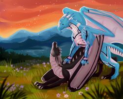 5:4 ambiguous_gender ambiguous_penetrated ambiguous_penetration blue_body blue_eyes blue_horn closed_eyes closed_smile dragon duo feral feral_on_feral feral_penetrated feral_penetrating feral_penetrating_feral flower from_behind_position glistening glistening_eyes grass grey_body grey_horn grey_scales grey_wings hi_res horn male male/ambiguous male_penetrating male_penetrating_ambiguous membrane_(anatomy) membranous_wings mountain mouth_closed orange_sky outside penetration plant purple_flower roobin scales sex side_view signature water white_body white_horn white_scales white_wings wings