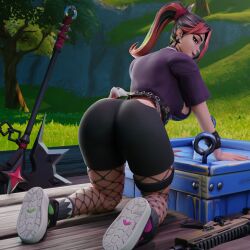 1girls 3d big_ass big_breasts big_butt choker female fortnite fortnite:_battle_royale green_eyes helsie_(fortnite) hi_res light-skinned_female light_skin maline2007 multicolored_hair outside shoes shorts solo straight_hair thick thick_ass thick_thighs